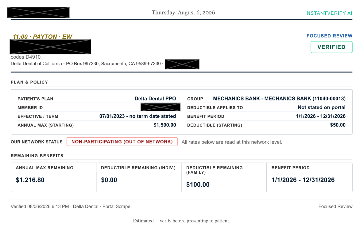 A focused InstantVerify review showing only the plan, network status, and remaining benefits and deductible for a patient seen recently. Patient identifiers redacted.